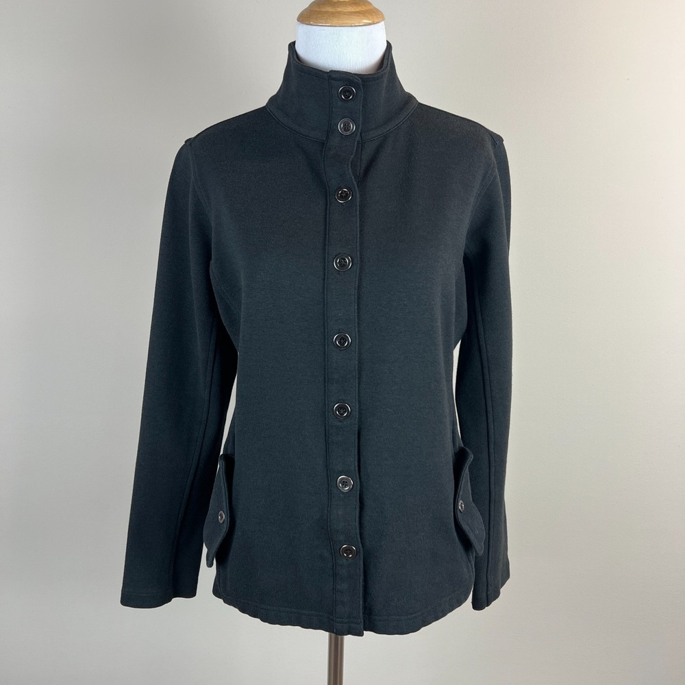 Duluth Trading Jacket Women Small Black Wearwithall Ponte Knit Button Up Stretch